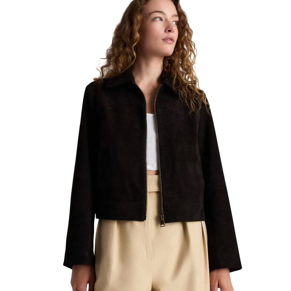 EUC Quince Women's XL Charcoal Black Suede Cropped Zip-Front Jacket 5045 Preppy